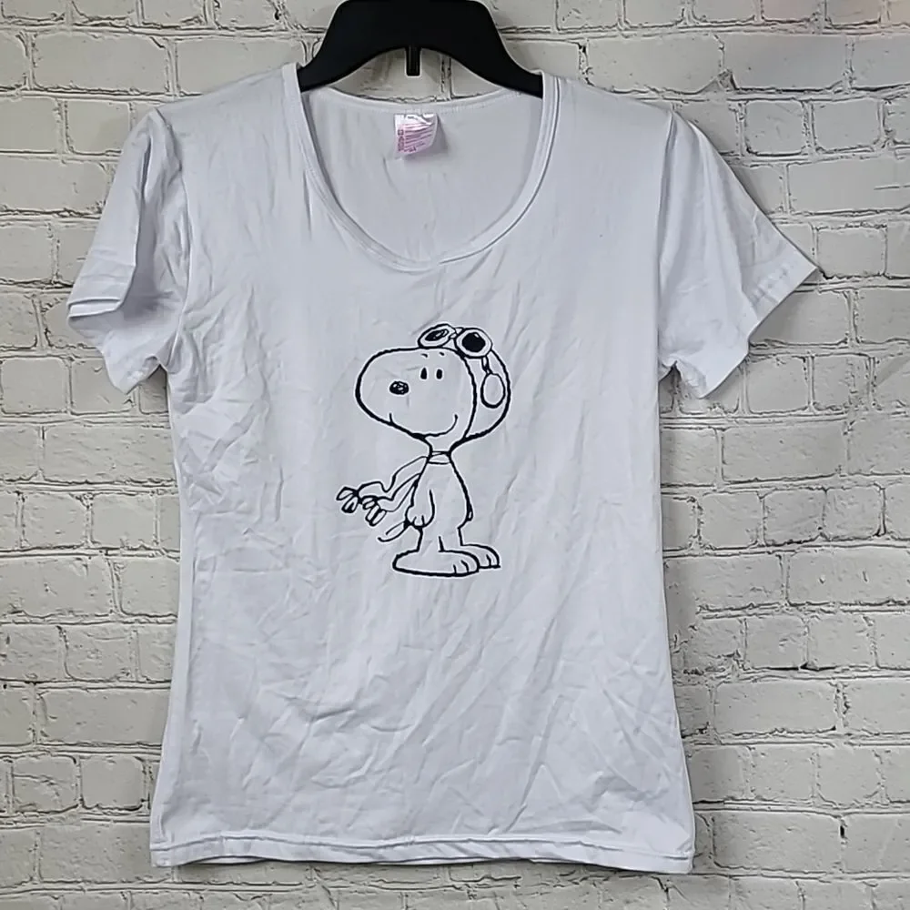 Peanuts Snoopy Flying Ace Graphic Tee Youth L White Retro Cartoon Aviator Shirt